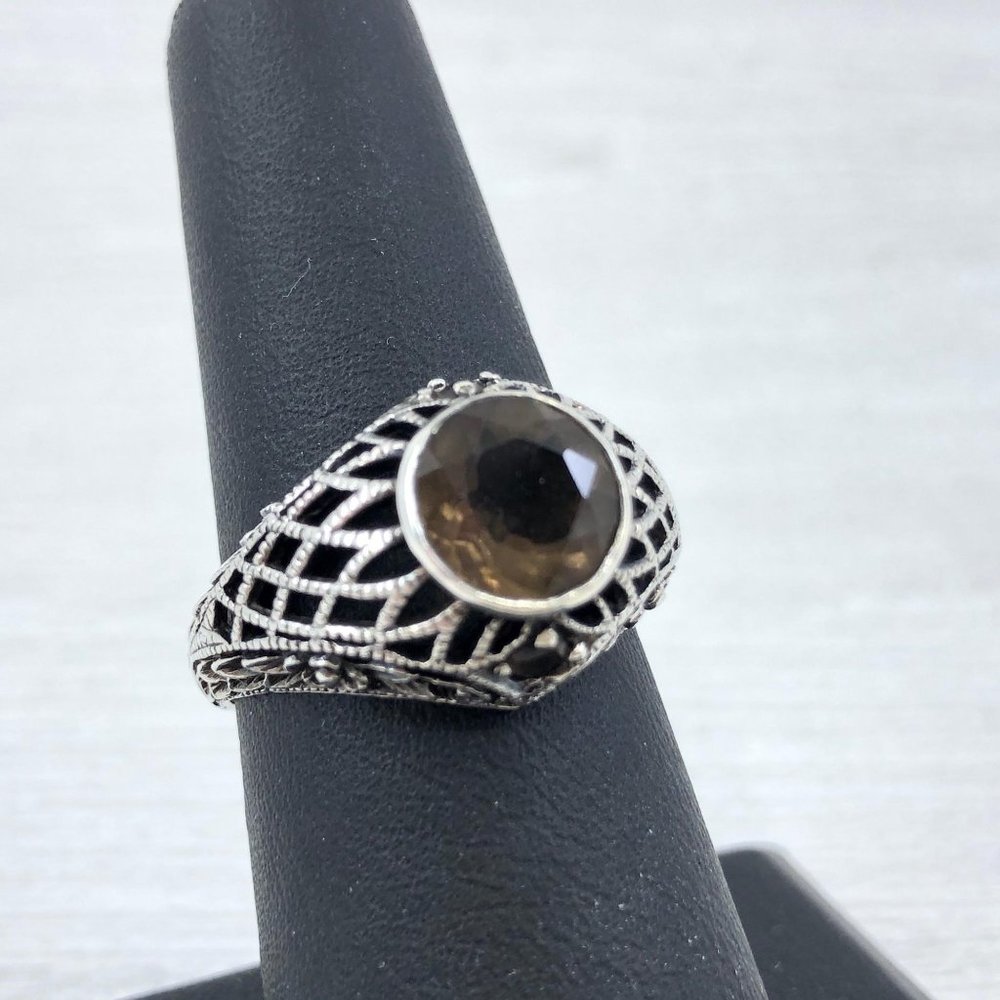 Art Deco Style Sterling Silver Smoky Quartz Ring